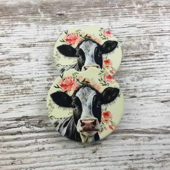 Floral Holstein Cow Car Coasters, Set of 2 - Picture 6 of 7